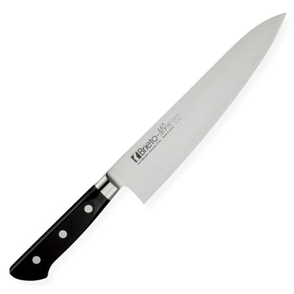 A chef knife displayed diagonally, showing the entire knife