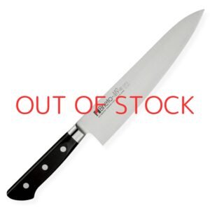 A chef knife displayed diagonally, showing the entire knife with a text of out of stock