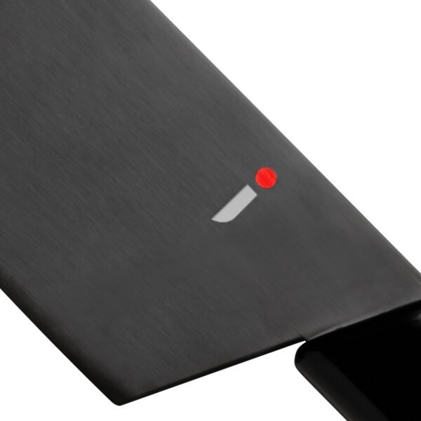 A kitchen knife focusing on its logo on the blade
