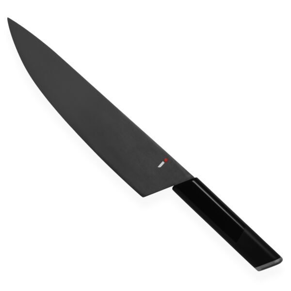 A chef knife displayed diagonally, showing the entire knife