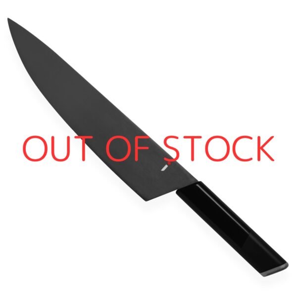 A chef's knife displayed diagonally, showing the entire knife with a text of out of stock