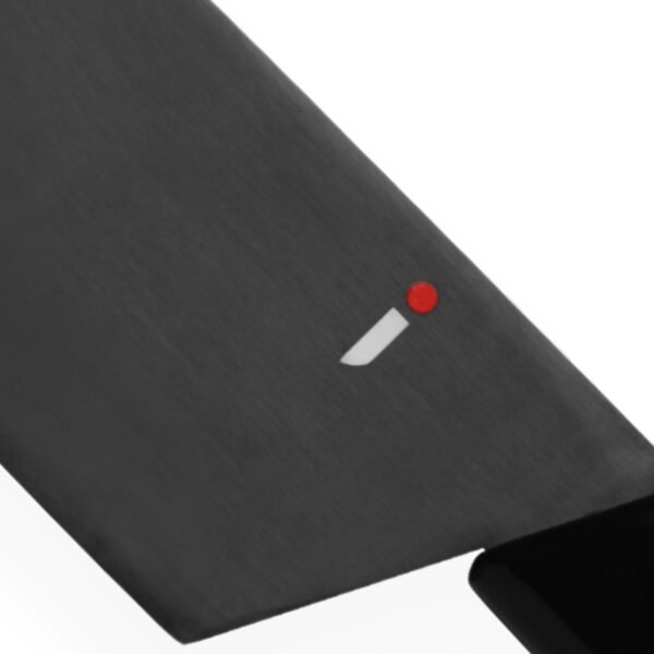 A kitchen knife focusing on its logo on the blade