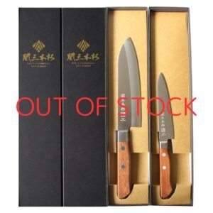 All-purpose and petty knives displayed in black boxes with a text of out of stock