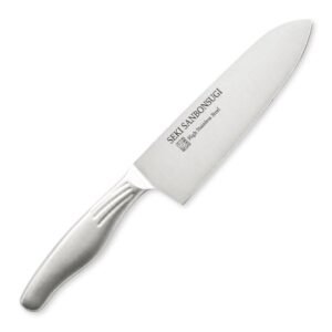 An all purpose knife displayed diagonally, showing the entire knife