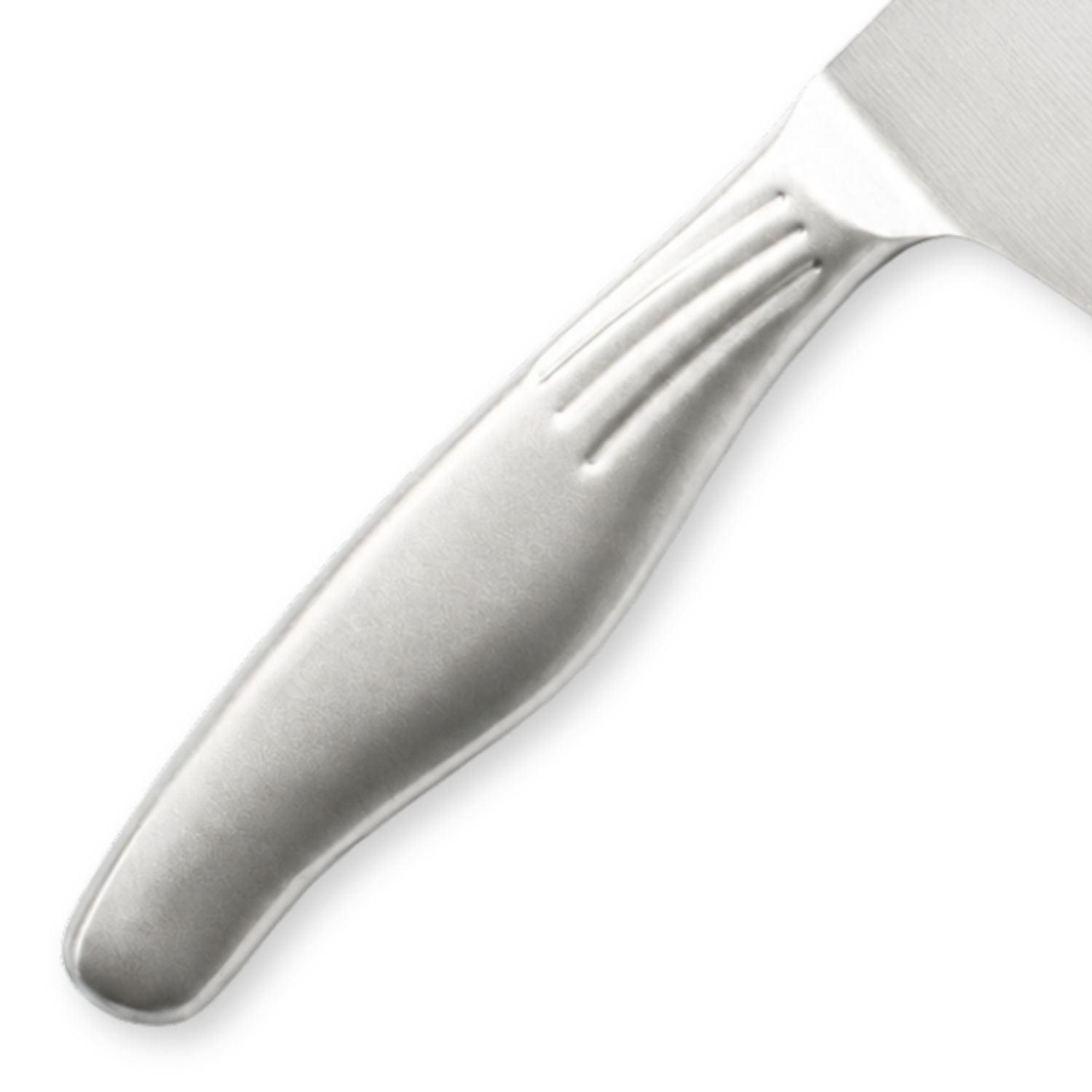 A kitchen knife focusing on its stainless steel handle