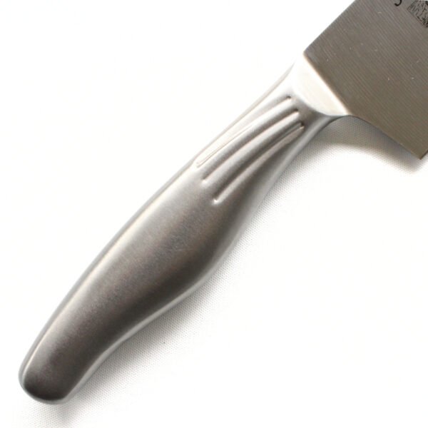 A kitchen knife focusing on its stainless steel handle