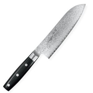 A Damascus purpose knife displayed diagonally, showing the entire knife