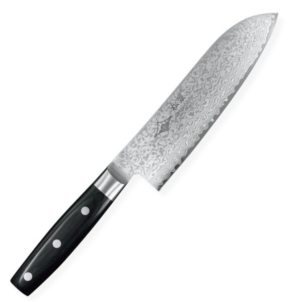 A Damascus purpose knife displayed diagonally, showing the entire knife