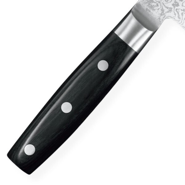 A kitchen knife focusing on its laminated wooden handle