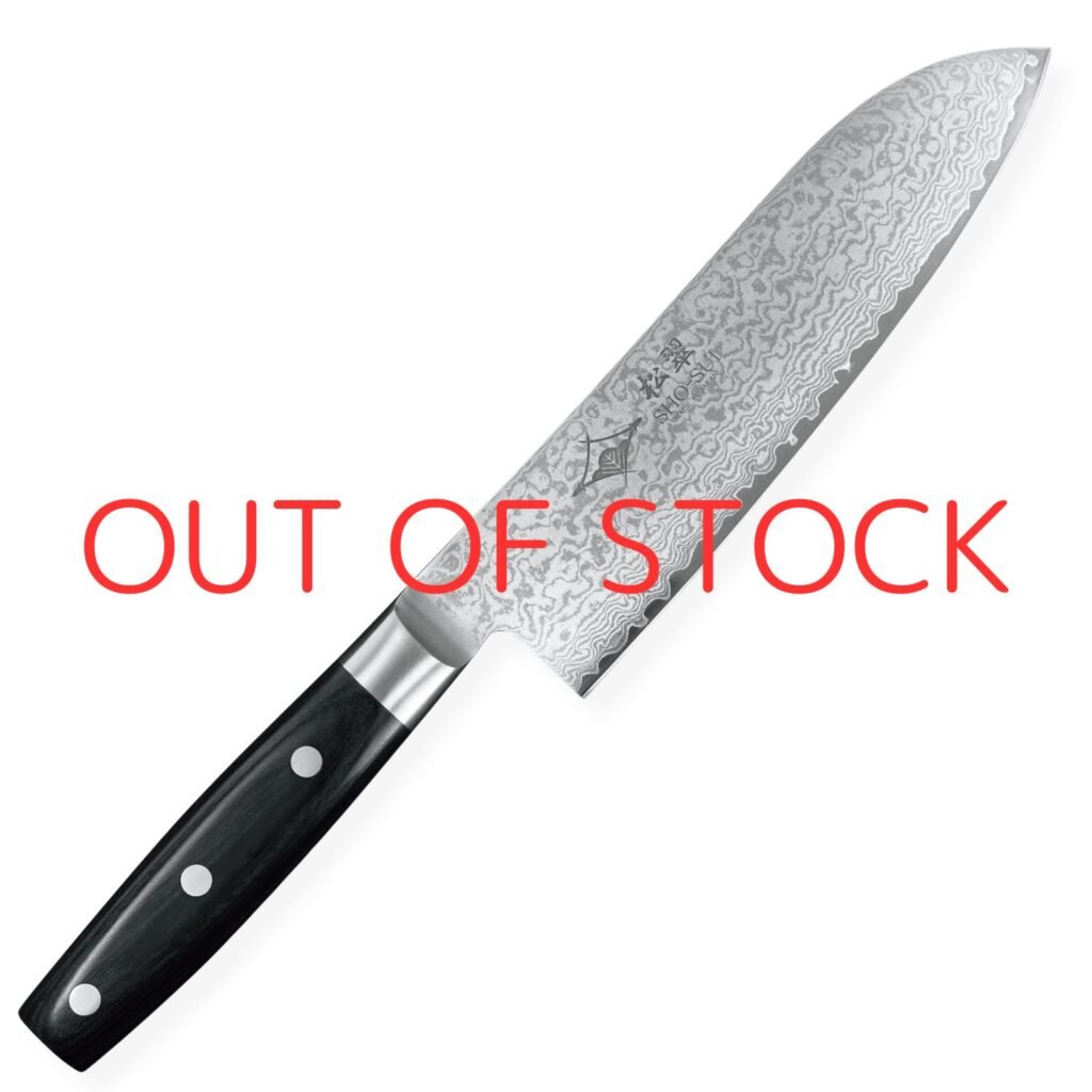 shosui_damascus_santoku_out_of_stock (1) A Damascus all-purpose knife displayed diagonally, showing the entire knife with text of out of stock