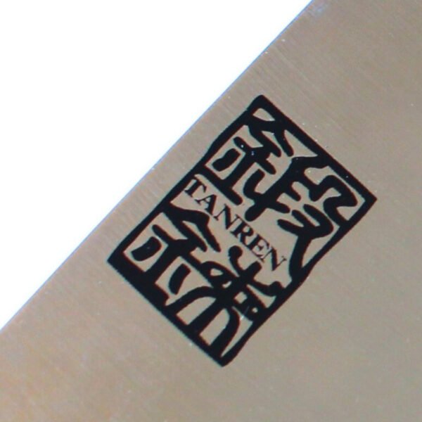 A kitchen knife focusing on its logo on the blade