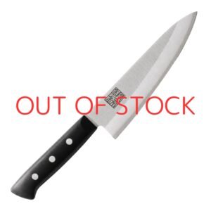 A chef's knife displayed diagonally, showing the entire knife with a text of out of stock