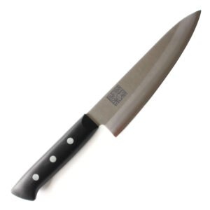 A chef knife displayed diagonally, showing the entire knife