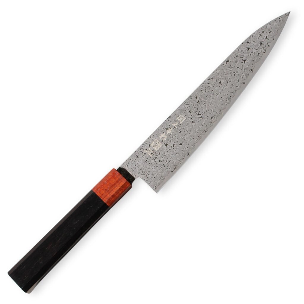 sanbonsugi_damasucus_chef_all_4 A Damascus chef knife displayed diagonally, showing the entire knife