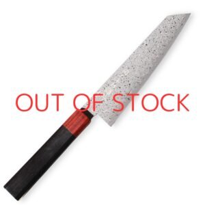 A Damascus knife displayed diagonally, showing the entire knife with a text of out of stock