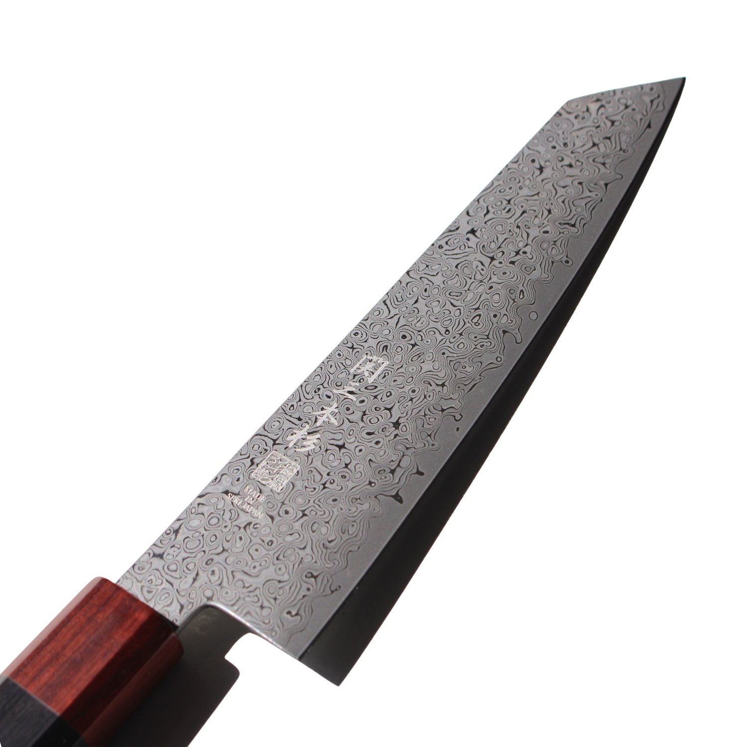 A Damascus all purpose knife focusing on its blade, shown diagonally