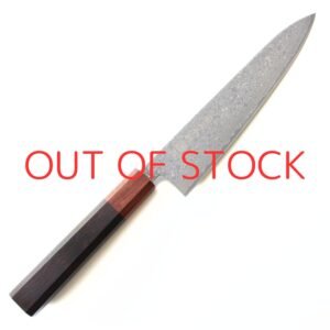 A Damascus chef knife displayed diagonally, showing the entire knife with text of out of stock