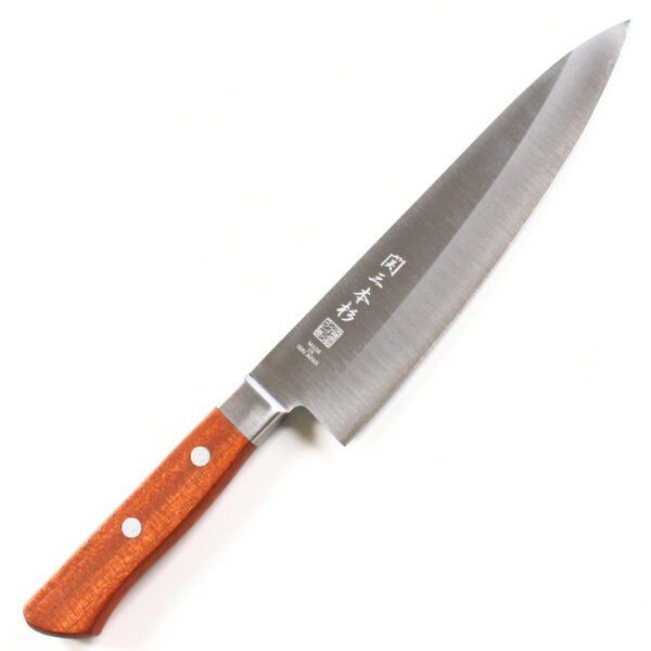 A chef knife displayed diagonally, showing the entire knife