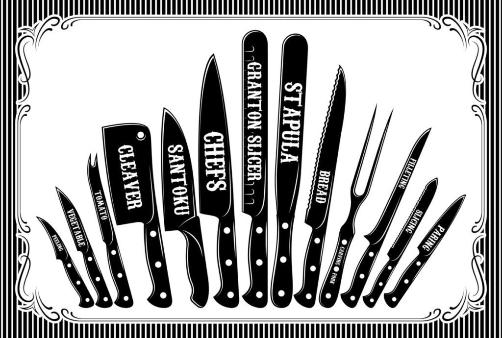 Black and white illustration of 13 types of Western-style knives with their blade sections labeled with corresponding names.