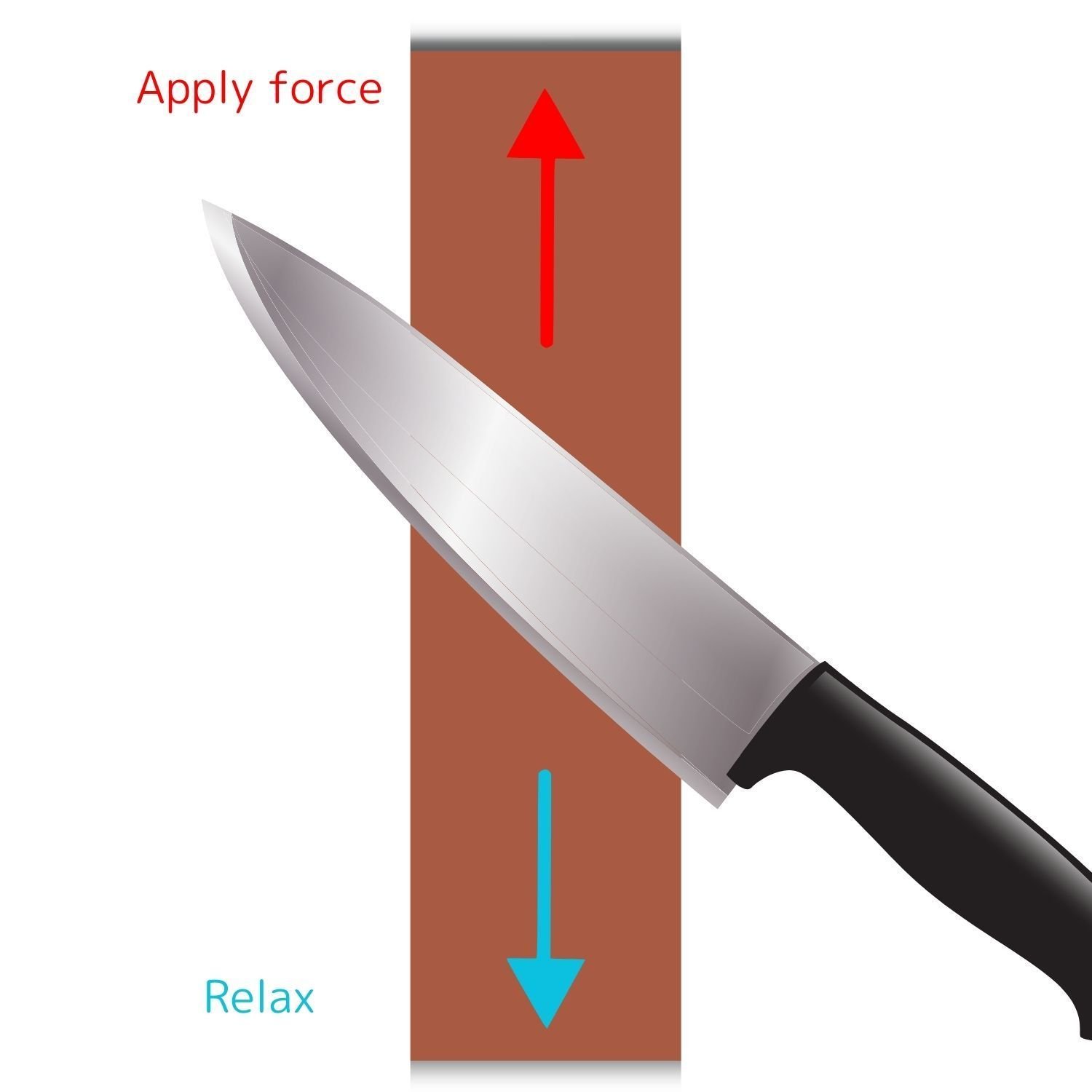 An illustration showing a kitchen knife on a whetstone with the words apply force when sharpening upwards, and relax when sharpening downwards toward the user.