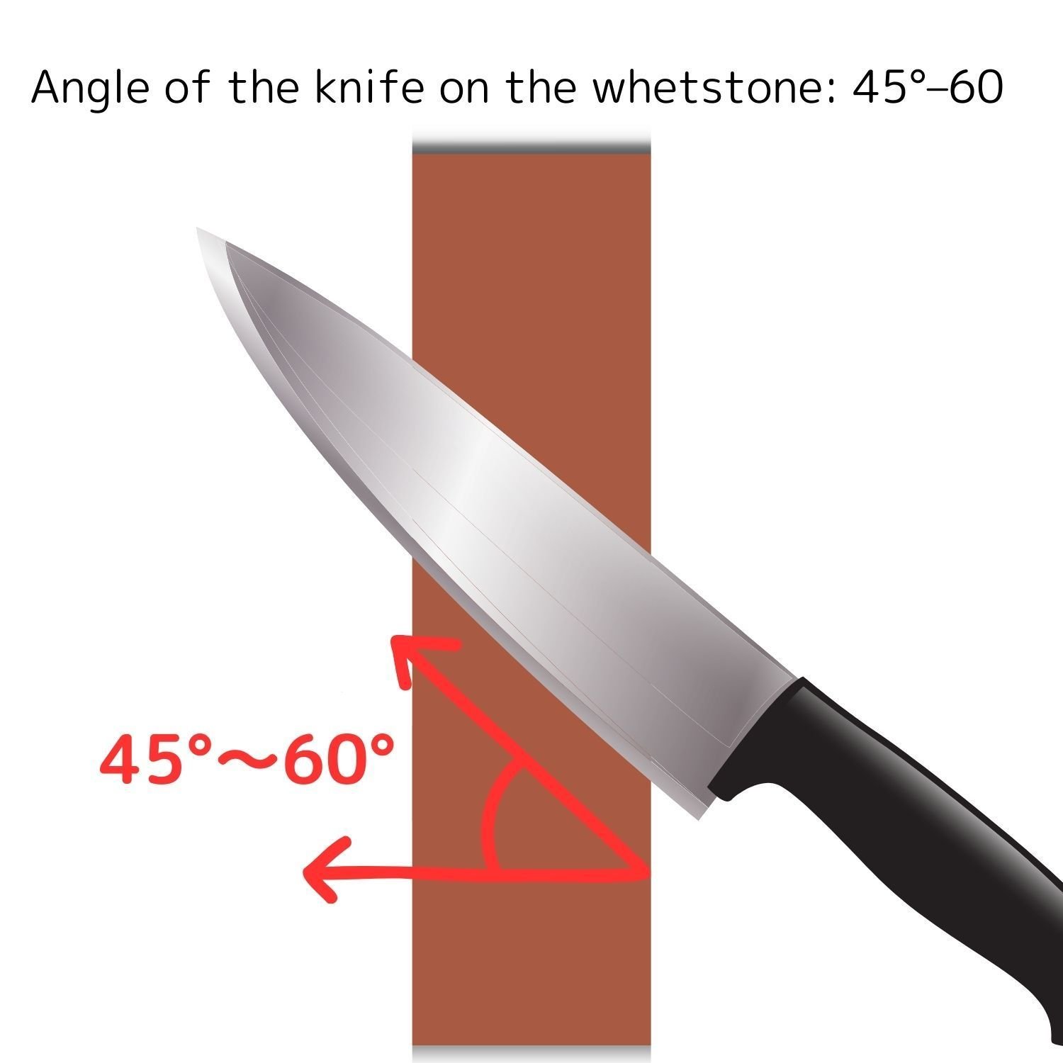 A kitchen knife held against a whetstone at an angle between 45 and 60 degrees.