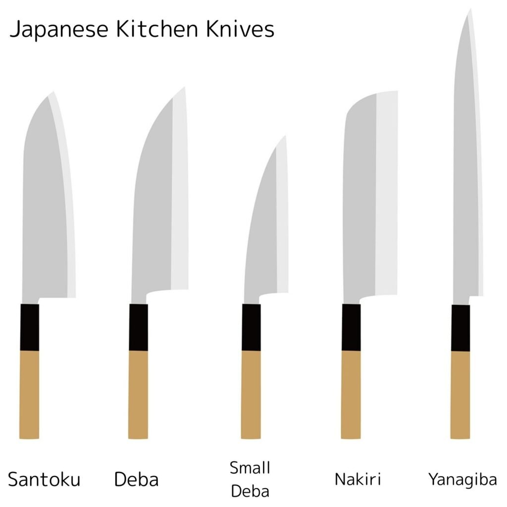 A set of Japanese kitchen knives including a santoku, deba, small deba, nakiri, and yanagiba, displayed side by side.