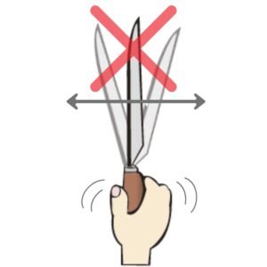 top view of a hand holding a knife, rocking it side to side