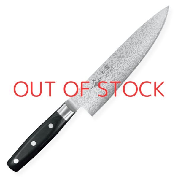 A Damascus chef knife displayed diagonally, showing the entire knife with text of out of stock