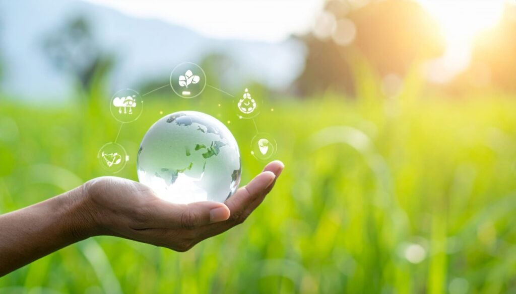 A hand holding a glass globe on a green field, symbolising environmental protection