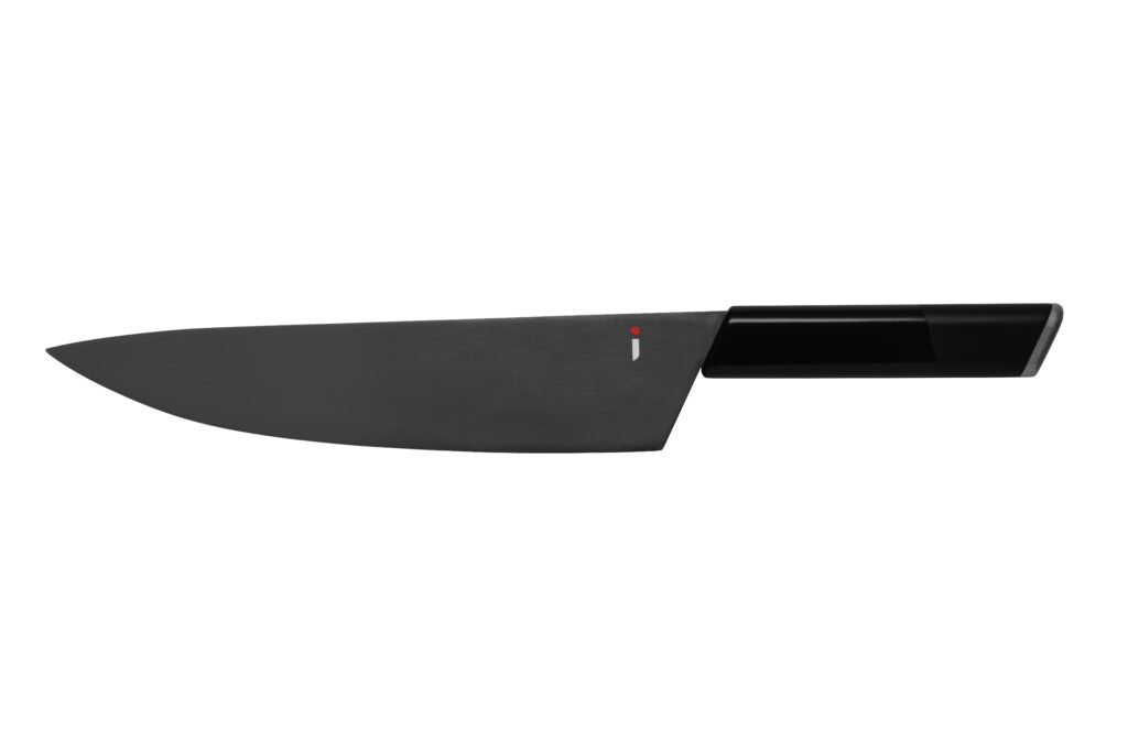 Chef knife displayed vertically against a white background