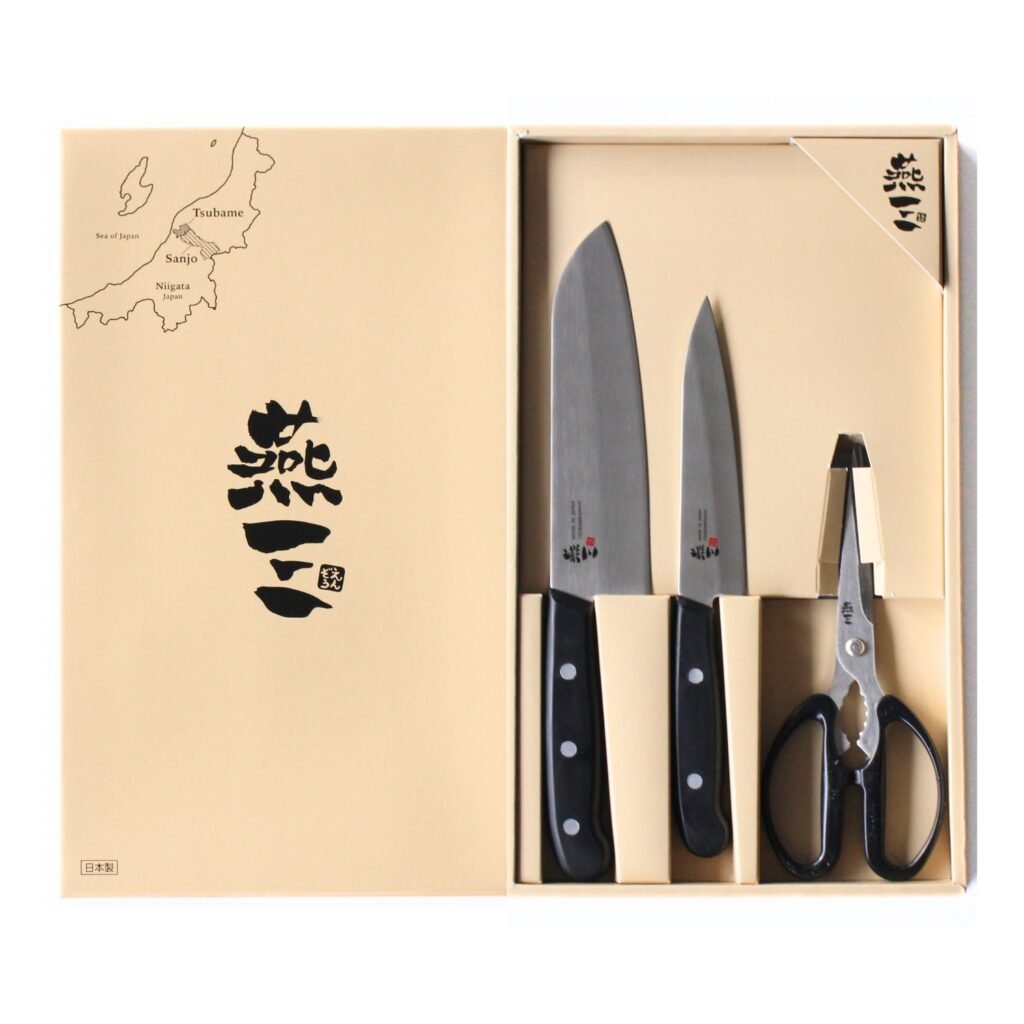 all-purpose, petty knives and kitchen scissors displayed in a gift box with a lid