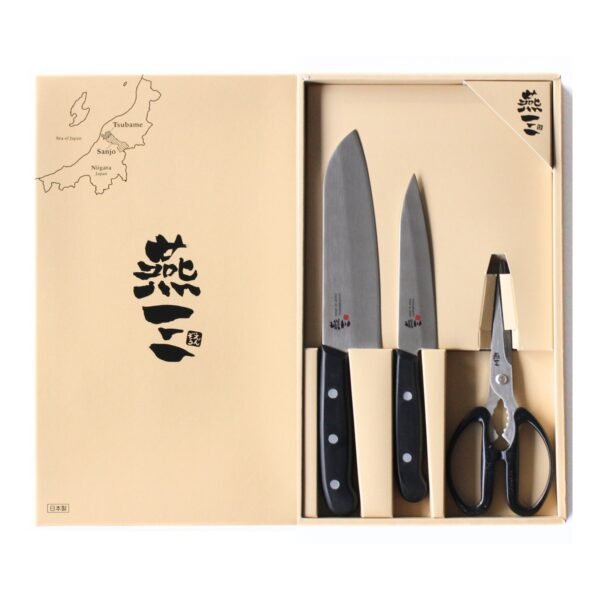 all-purpose, petty knives and kitchen scissors displayed in a gift box with a lid