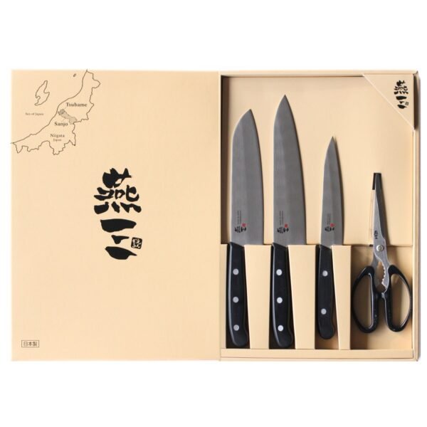 all-purpose, chef's knife, petty knives and kitchen scissors displayed in a gift box with a lid