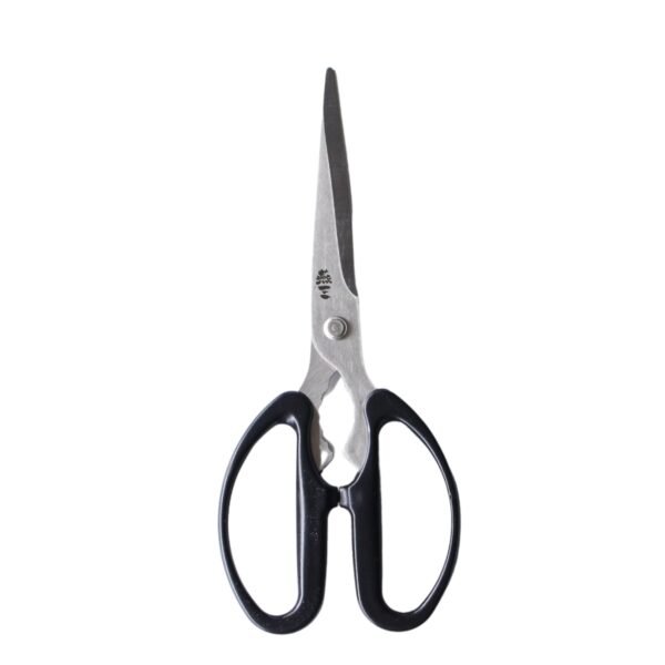 A pair of kitchen scissors shown vertically in full view