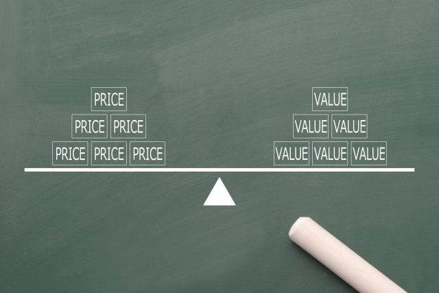 Chalkboard drawing of a seesaw balance labeled Price and Value