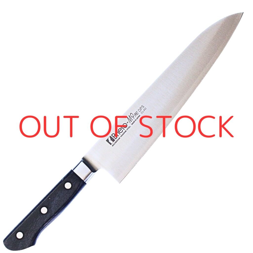 brieto_m9_chef_24cm_all_out_of_stock A chef's knife displayed diagonally, showing the entire knife with a text of out of stock