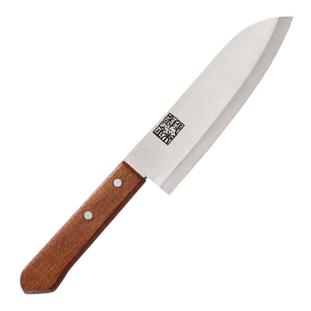 An all purpose knife displayed diagonally, showing the entire knife