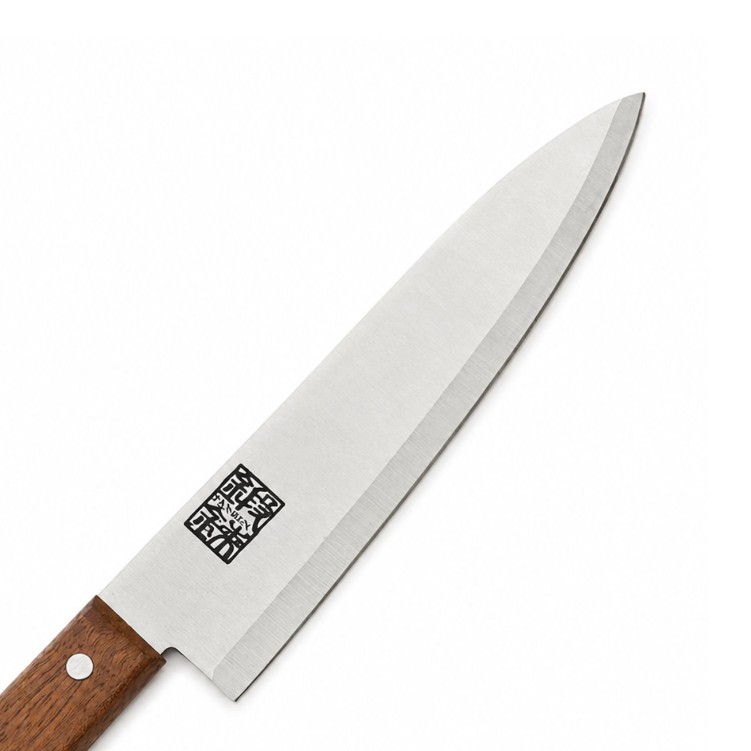 A chef's knife focusing on its blade, shown diagonally