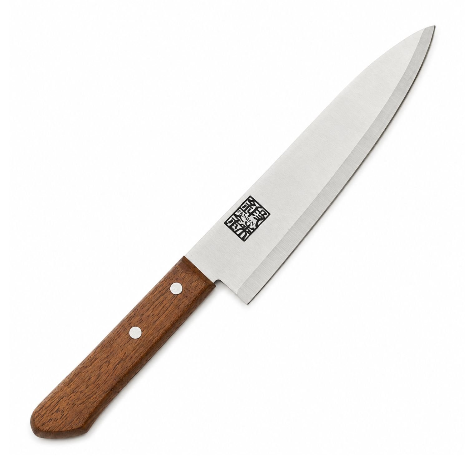 A chef's knife displayed diagonally, showing the entire knife