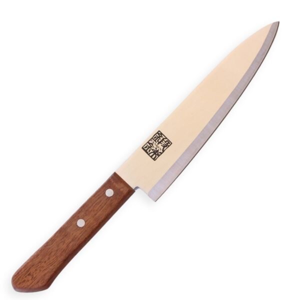 A chef's knife displayed diagonally, showing the entire knife
