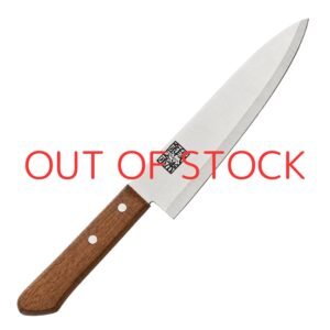 A chef's knife displayed diagonally, showing the entire knife with text of out of stock