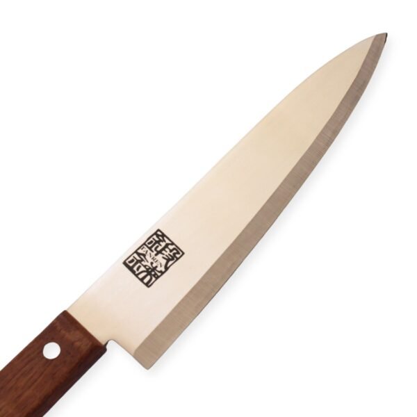 A chef's knife focusing on its blade, shown diagonally