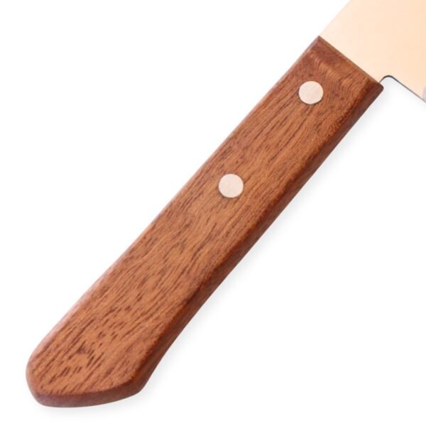 A kitchen knife focusing on its wooden handle