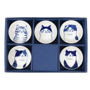 Top view of a gift set of five small plates in a box