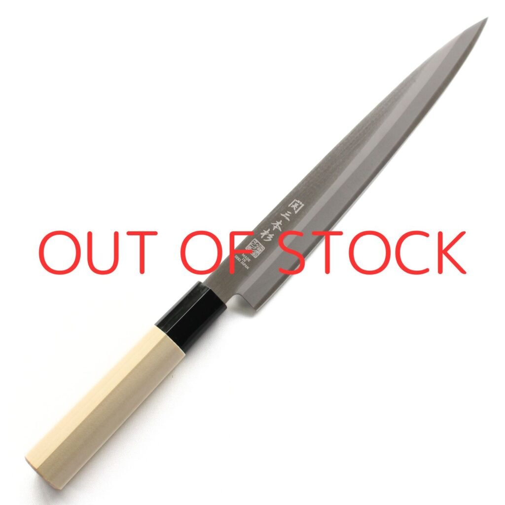 A sashimi knife displayed diagonally, showing the entire knife with a text of out of stock