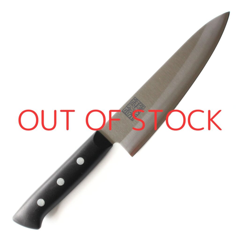 tanren_pom_handle_chef_all_out_of_stock A chef's knife displayed diagonally, showing the entire knife with a text of out of stock