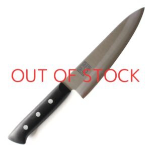 A chef's knife displayed diagonally, showing the entire knife with a text of out of stock