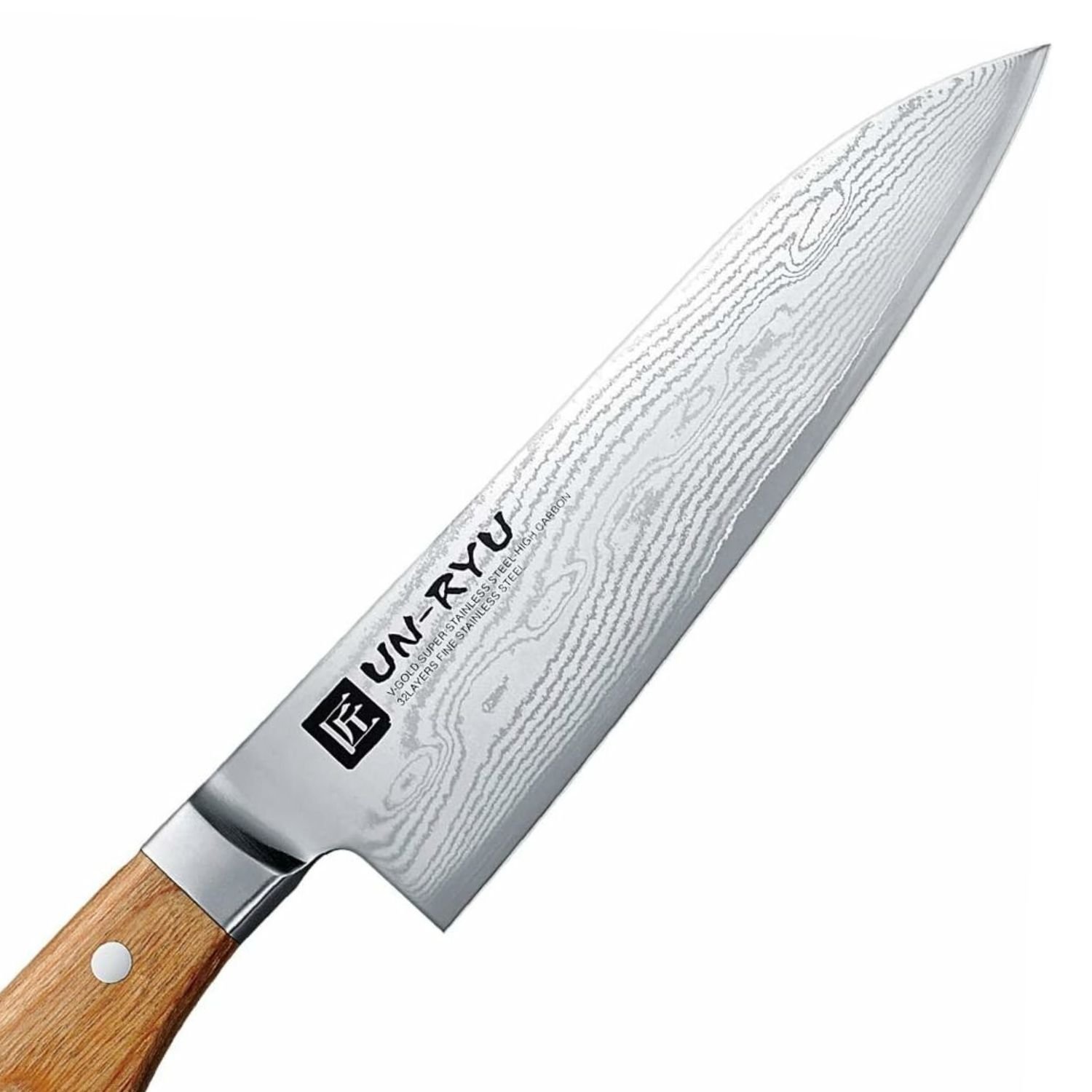 A Damascus all purpose knife focusing on its blade, shown diagonally