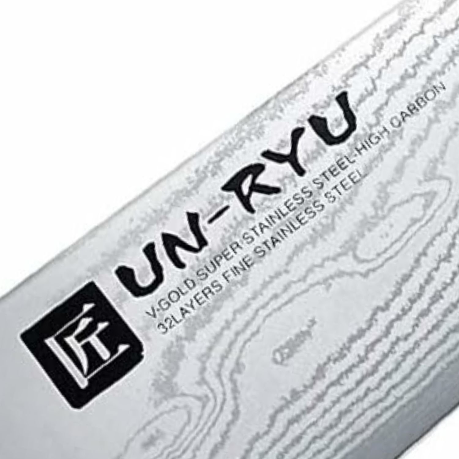 A Damascus all purpose knife focusing on its blade, shown diagonally