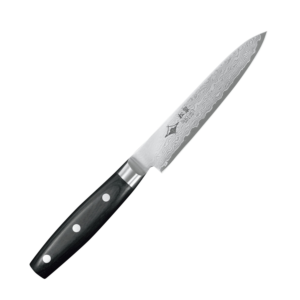 A Damascus petty knife displayed diagonally, showing the entire knife